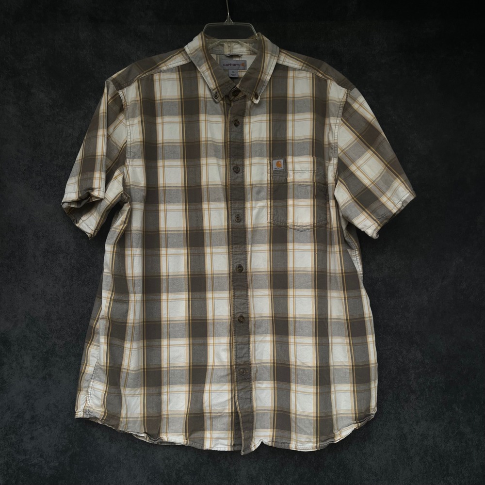 Carhartt Mens Relaxed Fit Plaid Short Sleeve Button Down Shirt Brown XL Workwear